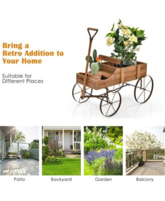 Wooden Wagon Plant Bed with Metal Wheels for Garden Yard Patio