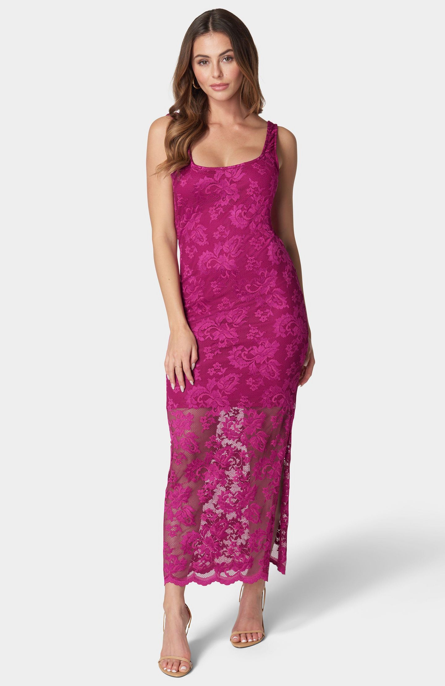 Женское платье Bebe Marseille Lace Square Neck Tank Dress, цвет: Фуксия — фото 1