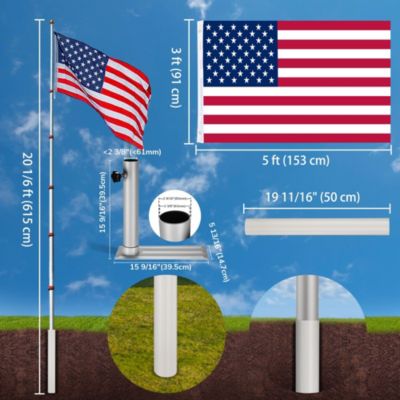 20' Telescopic Aluminum Flag Pole Kit Tire Mount Stand w/ Gold Ball Finial Outdoor