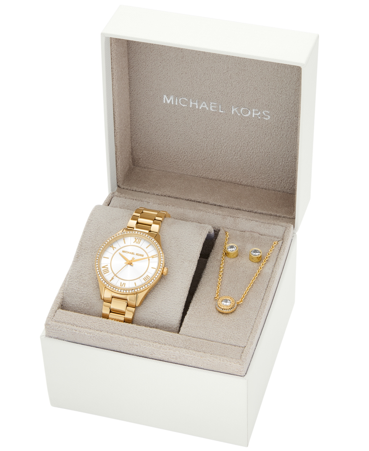 Michael Kors Lauryn Gold-tone Ladies Watch Earrings And Necklace Gift Set In Gold