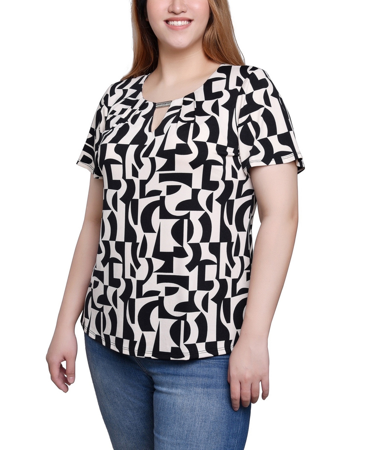 Ny Collection Short Sleeve Top With Hardware In Black Seedpearl