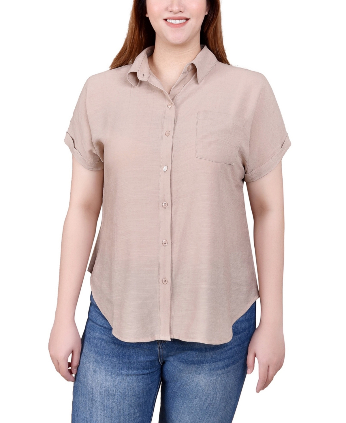 Ny Collection Short Sleeve Woven Front-jersey Back Top In Humus
