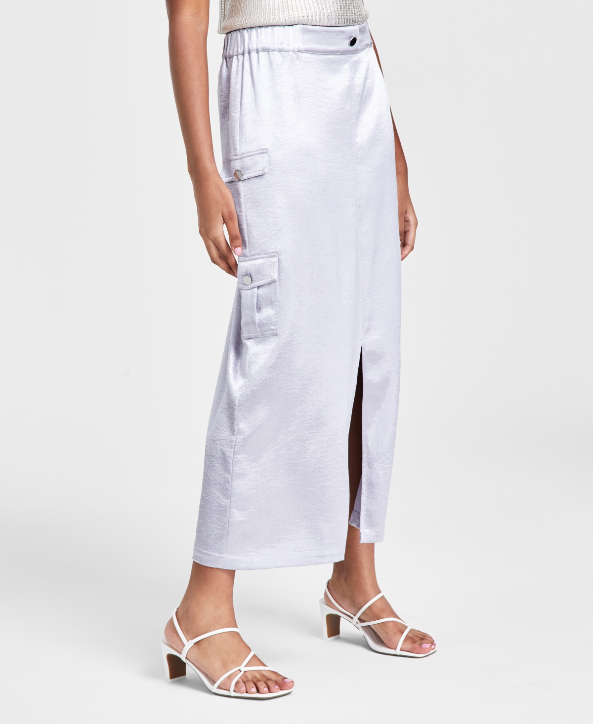 Bar Iii Women's Shiny Front-slit Midi Cargo Skirt, Created For Macy's In Silver