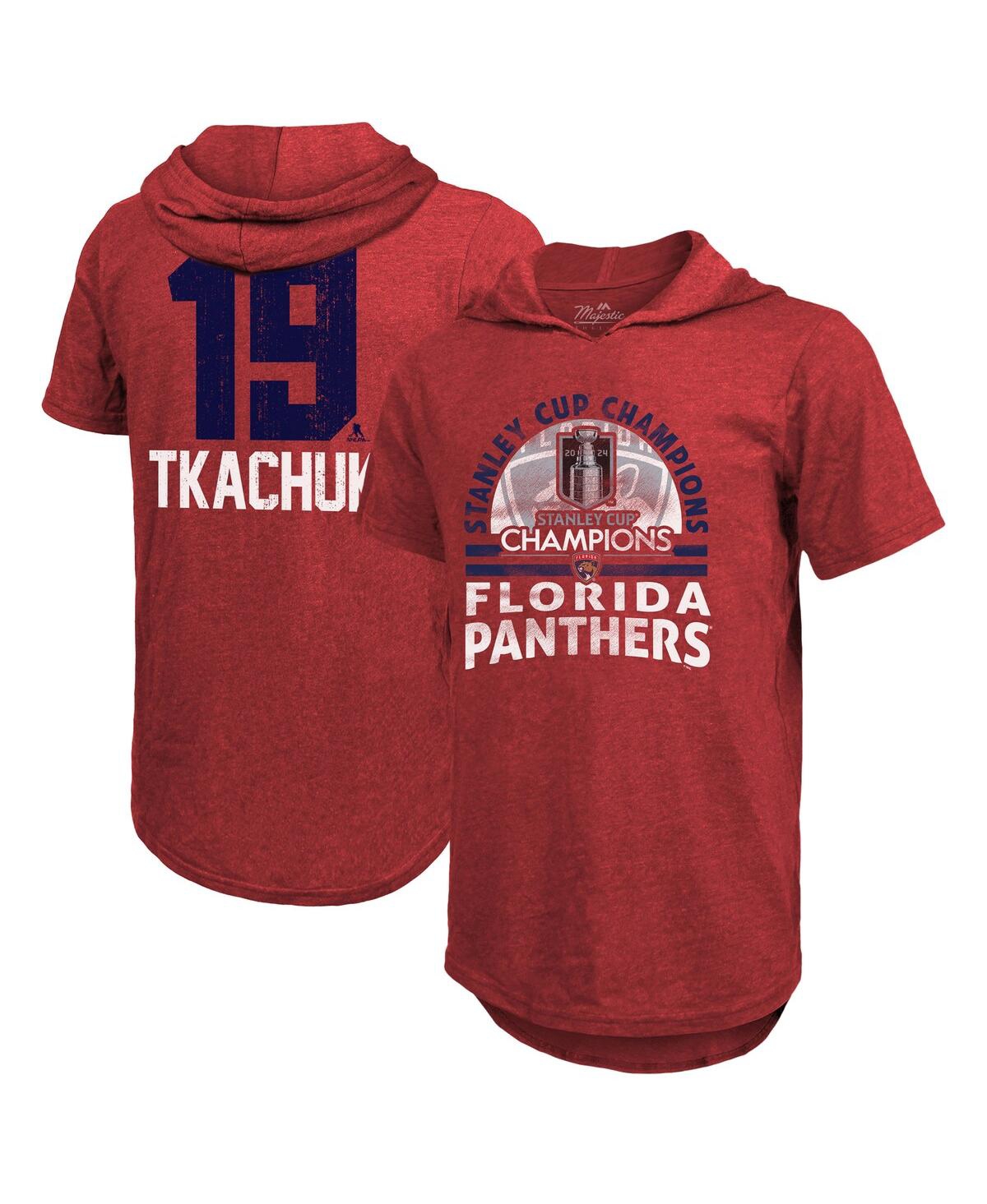 Men's Matthew Tkachuk Red Florida Panthers 2024 Stanley Cup Champions Tri-Blend Short Sleeve Name Number Pullover Hoodie Top - Red