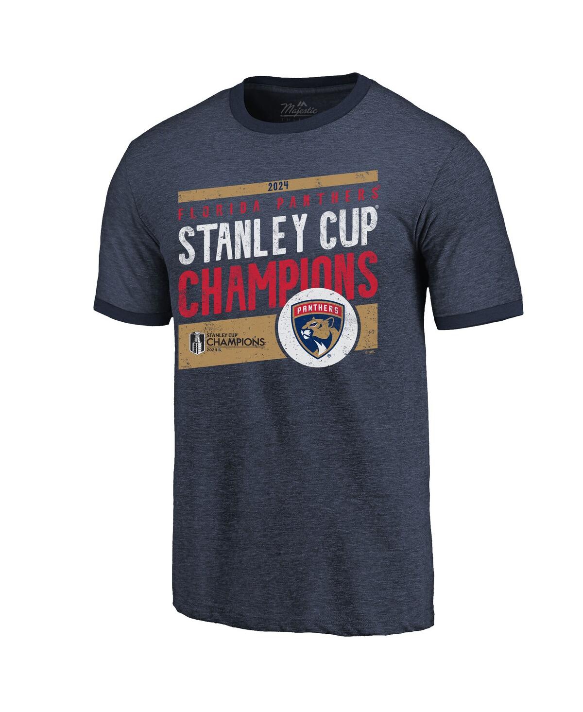 Majestic Men'sFlorida Panthers 2024 Stanley Cup Champions Tri-Blend Ringer T-Shirt - Navy