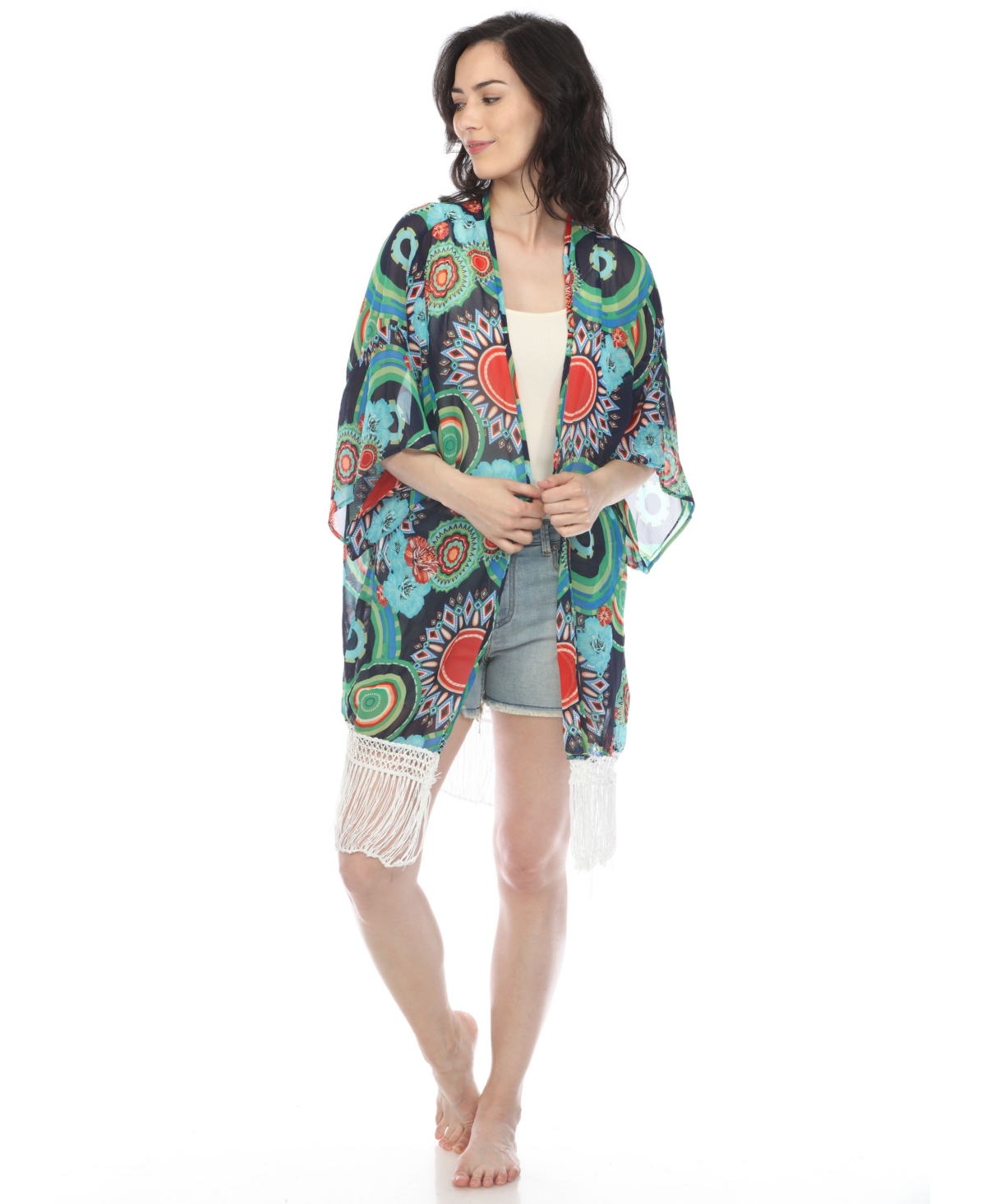 White Mark Women's Sheer Fringe Kimono In Navy