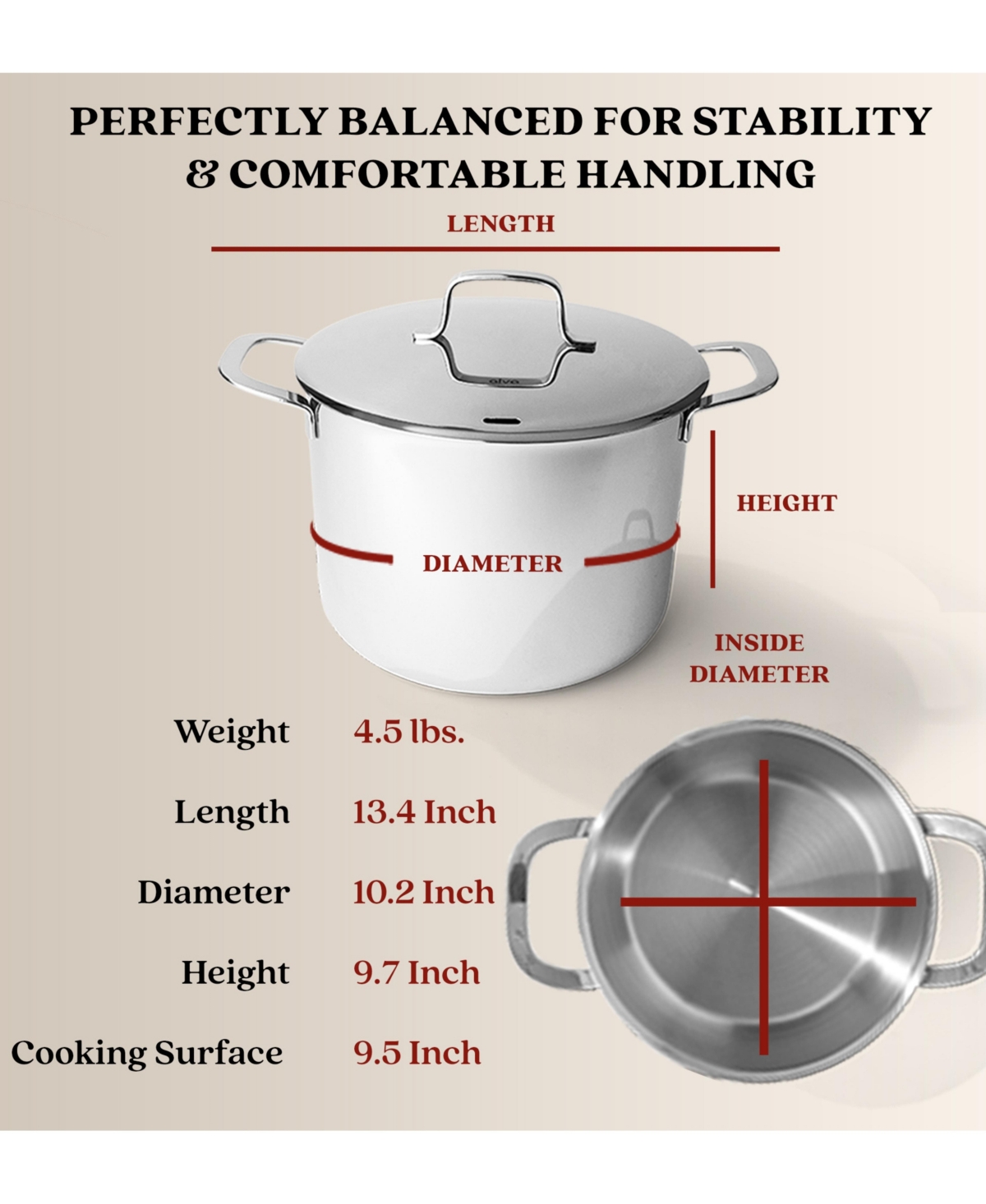 Alva Maestro Stainless Steel Casserole Dish Pot 3.9 Qt with Lid - Non Toxic Cookware, Induction Compatible, Versatile Kitchen Pot, Soup Pot, Stock Pot