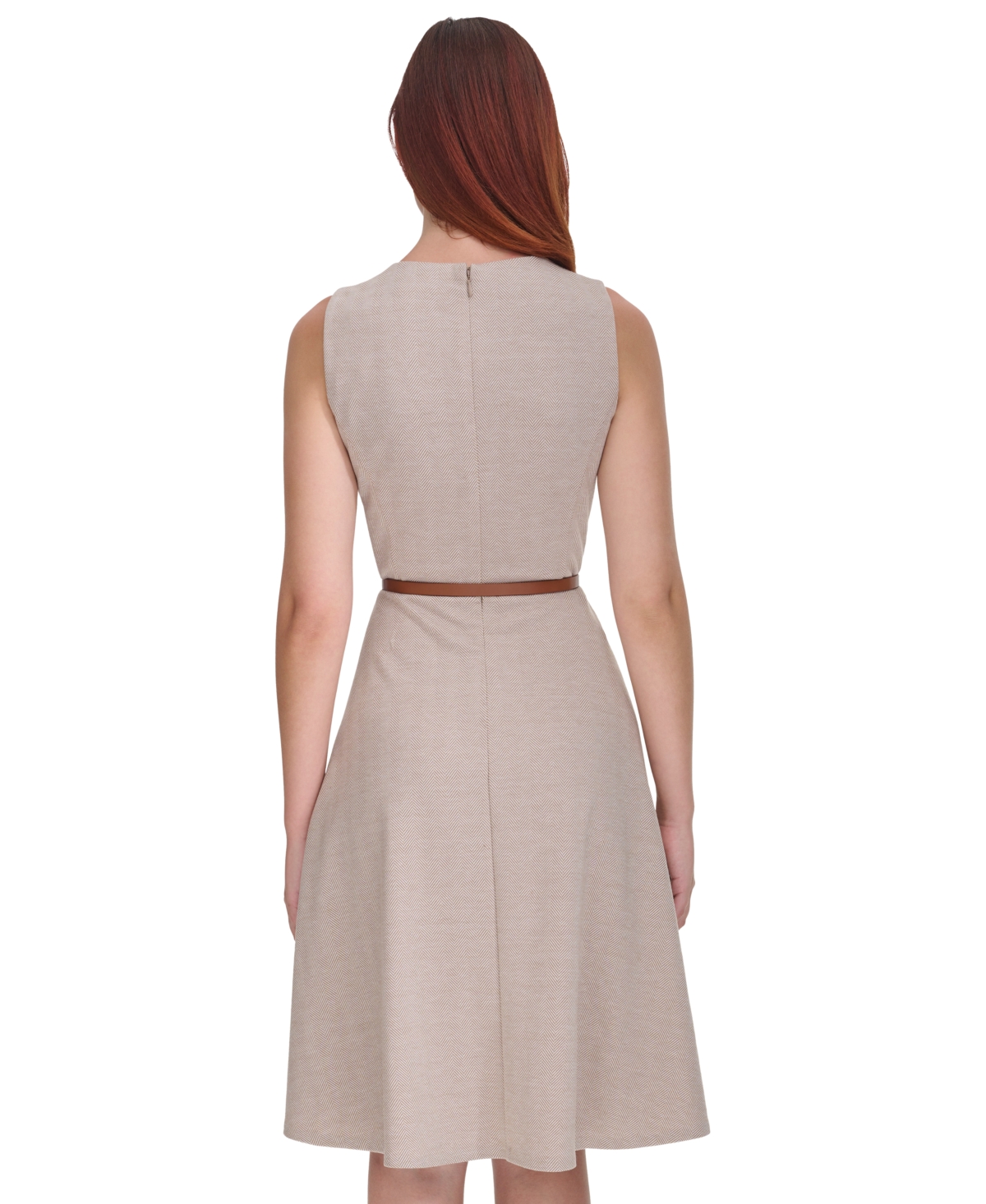 Tommy Hilfiger Women's Sleeveless Crewnek Herringbone Belted Fit & Flare Dress -i