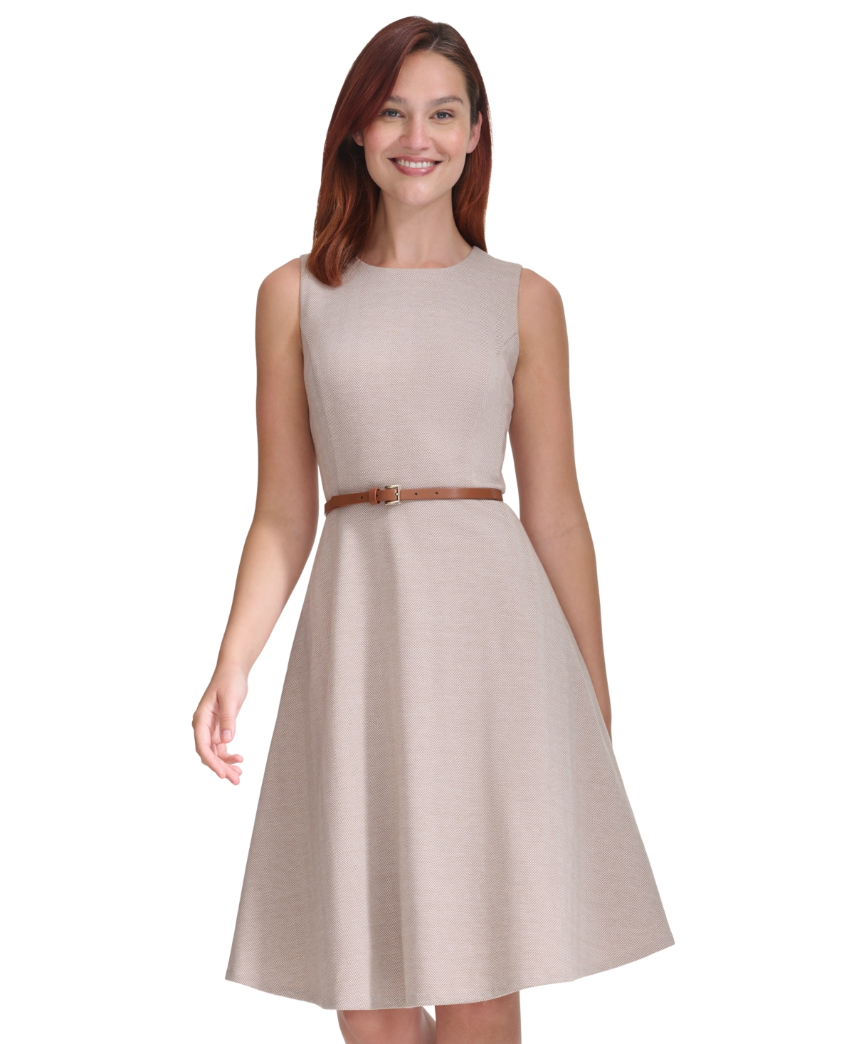 Tommy Hilfiger Women's Sleeveless Crewnek Herringbone Belted Fit & Flare Dress -i