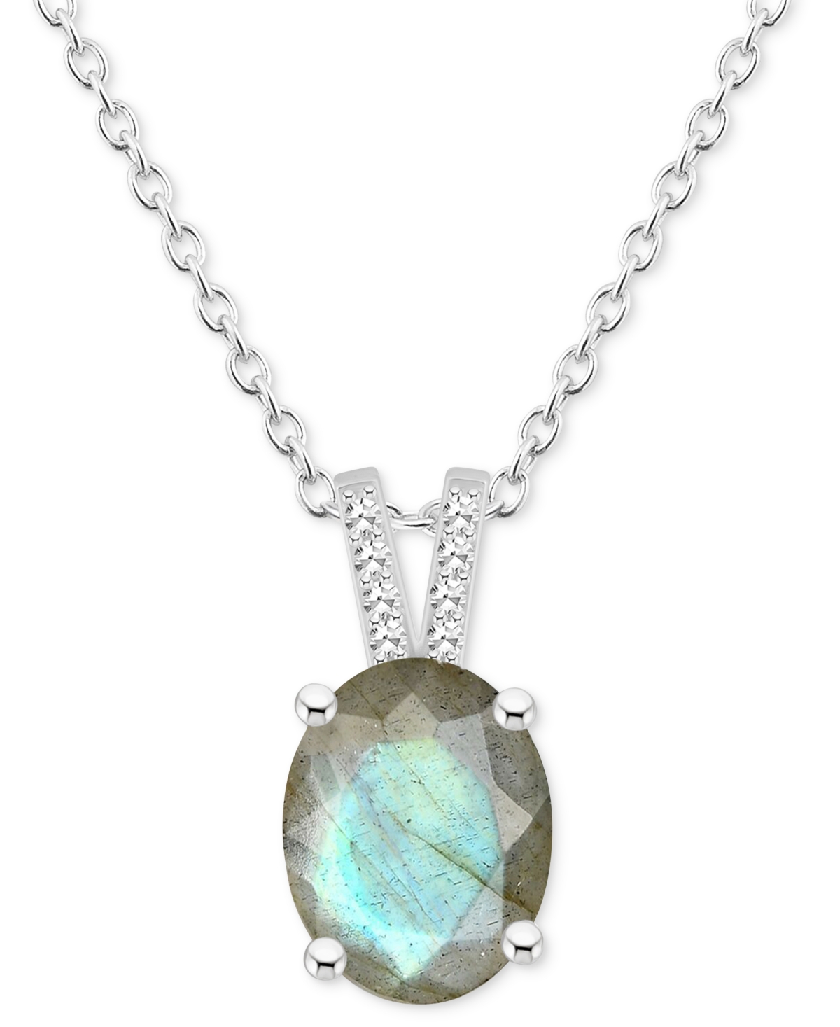 MACY'S LABRADORITE & DIAMOND ACCENT OVAL 18" PENDANT NECKLACE IN STERLING SILVER (ALSO IN ONYX) 
