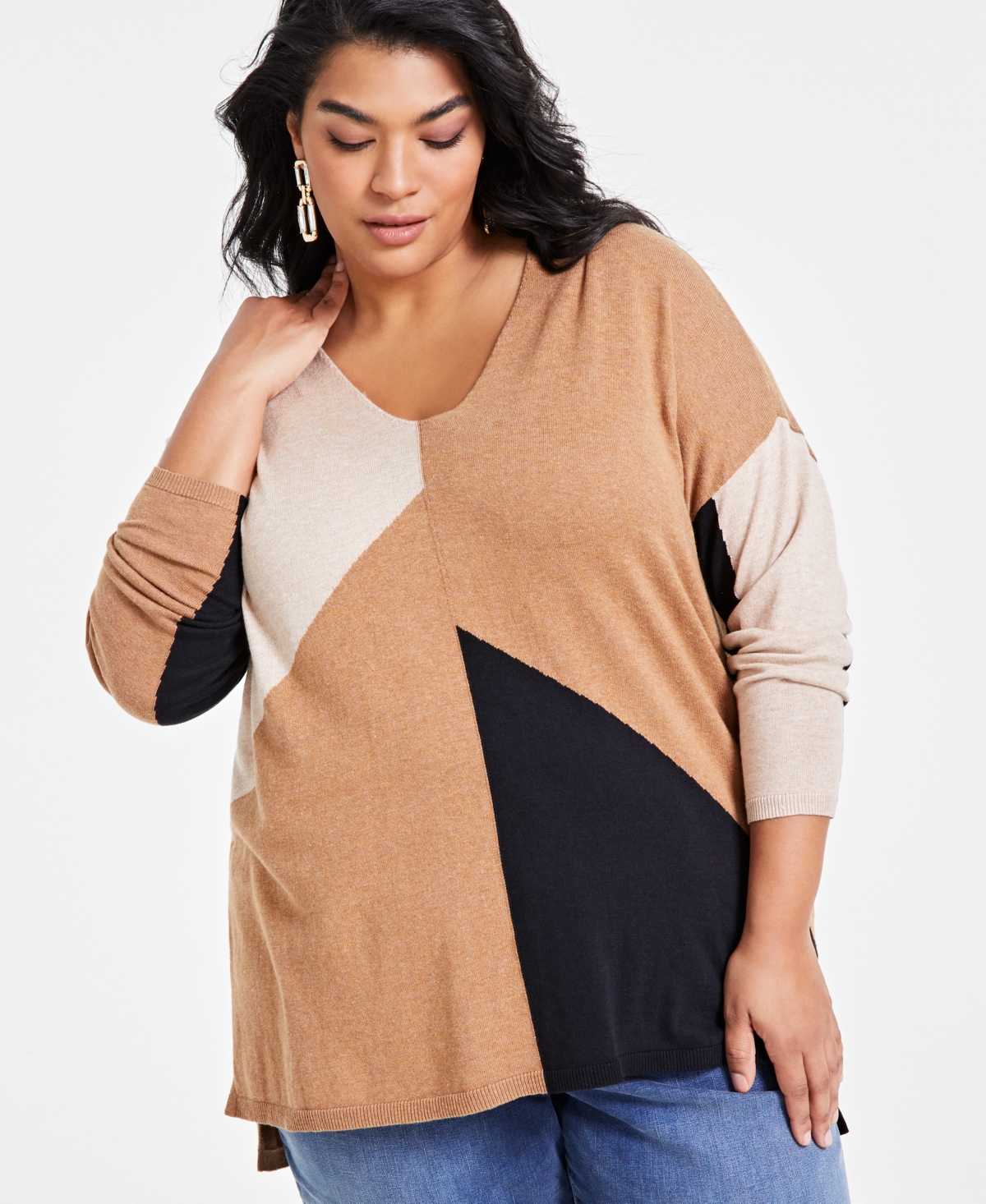 INC INTERNATIONAL CONCEPTS PLUS SIZE COLORBLOCKED SWEATER, CREATED FOR MACY'S 