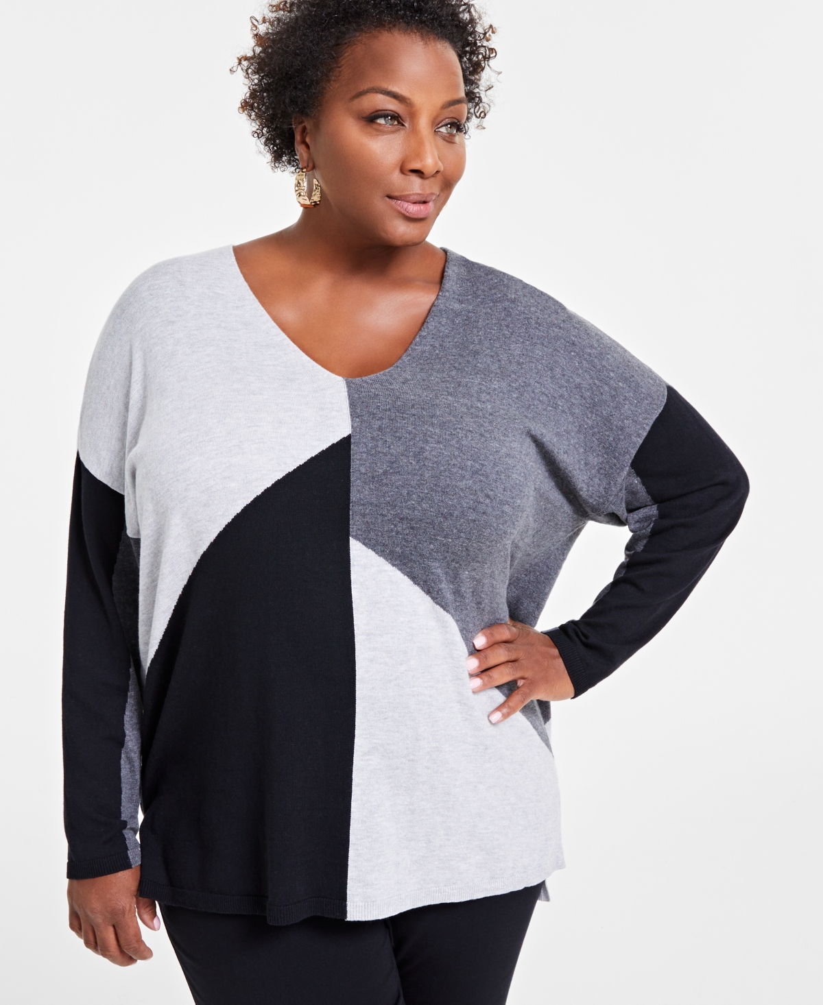 INC INTERNATIONAL CONCEPTS PLUS SIZE COLORBLOCKED SWEATER, CREATED FOR MACY'S 