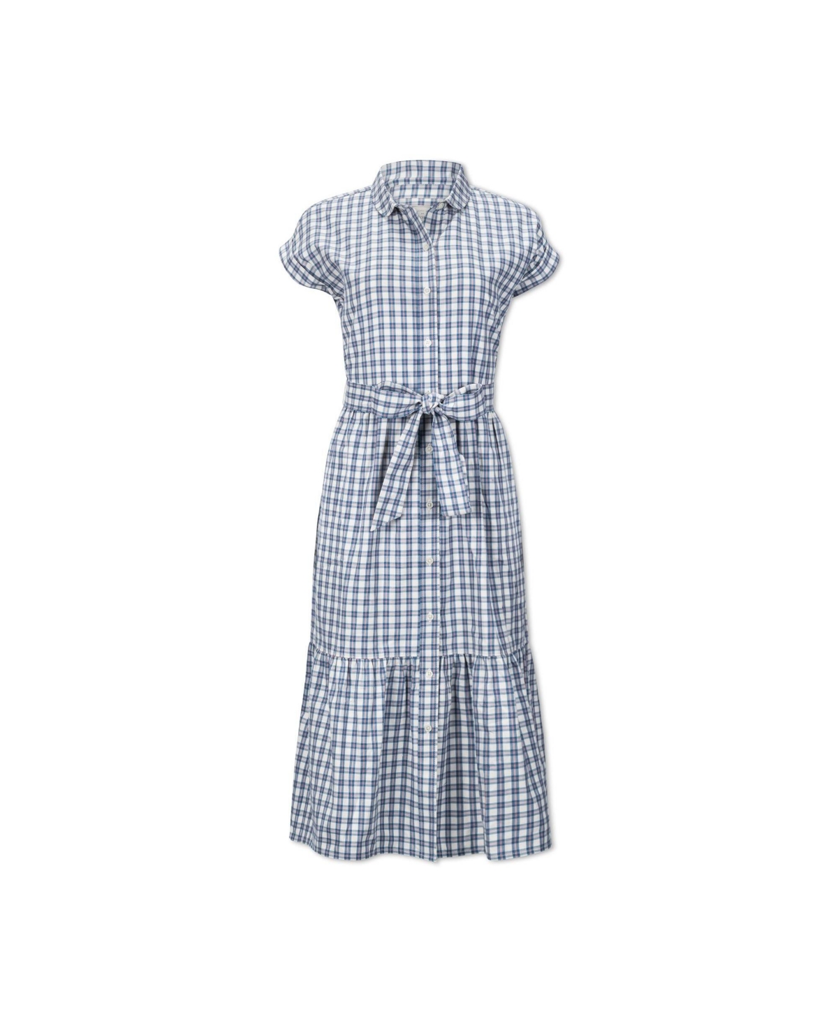 Hope & Henry Women's Short Sleeve Button Front Tiered Maxi Dress with Waist Sash - Ivory and blue check