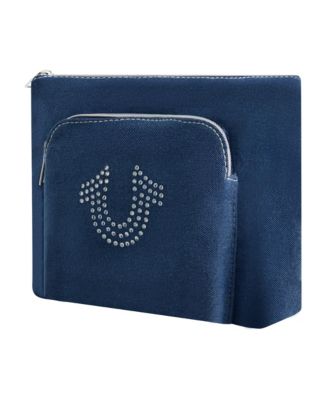 Trapazoid zip cosmetic bag with exterior zip pocket