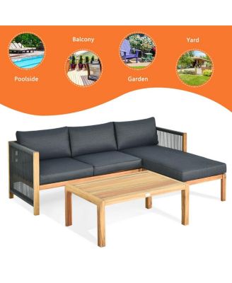 3 Pieces Patio Acacia Wood Sofa Furniture Set with Nylon Rope Armrest
