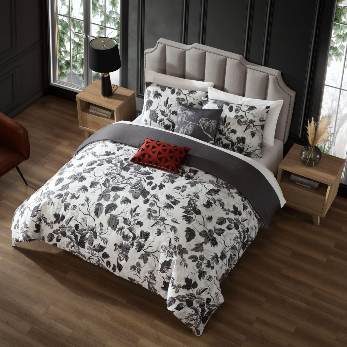 BebejanLeaves Bedding 200 Thread Count 100% Cotton Sateen 5 Piece Reversible Comforter Set - Grey