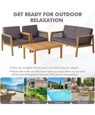 4PCS Patio Acacia Wood Furniture Set PE Rattan Conversation Set w/ Grey Cushions