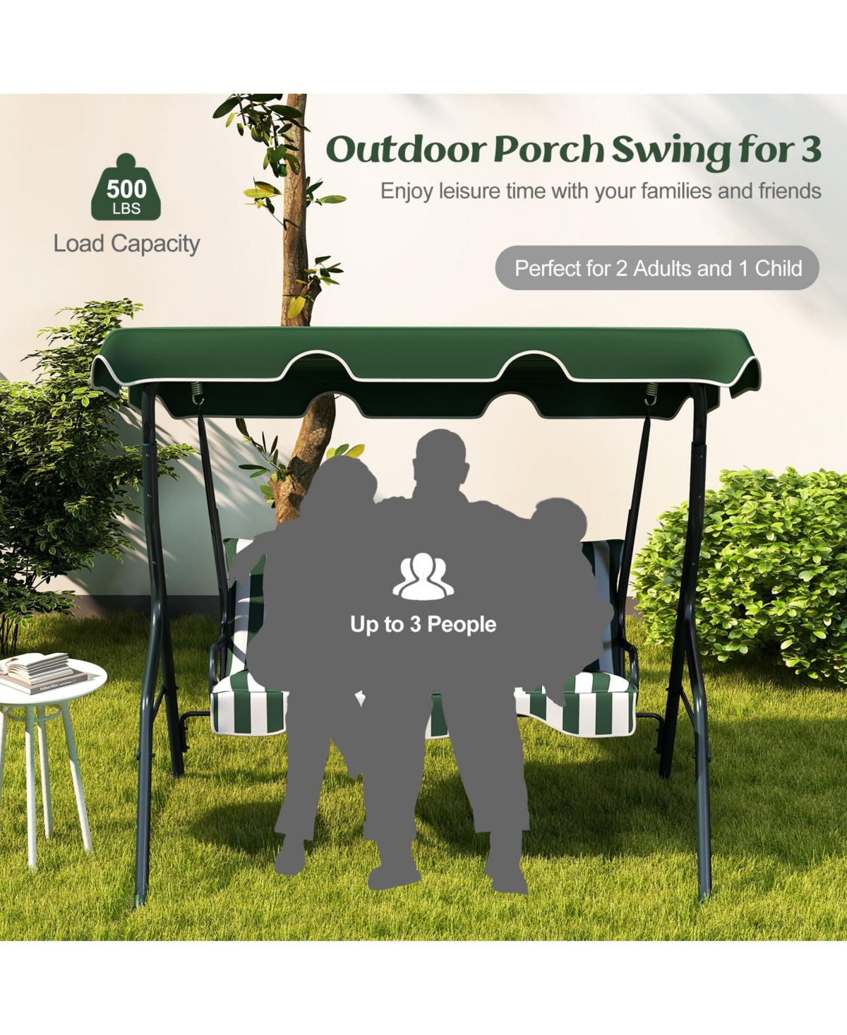 3 Seats Patio Canopy Steel Frame Swing Glider Hammock Cushioned Backyard Green