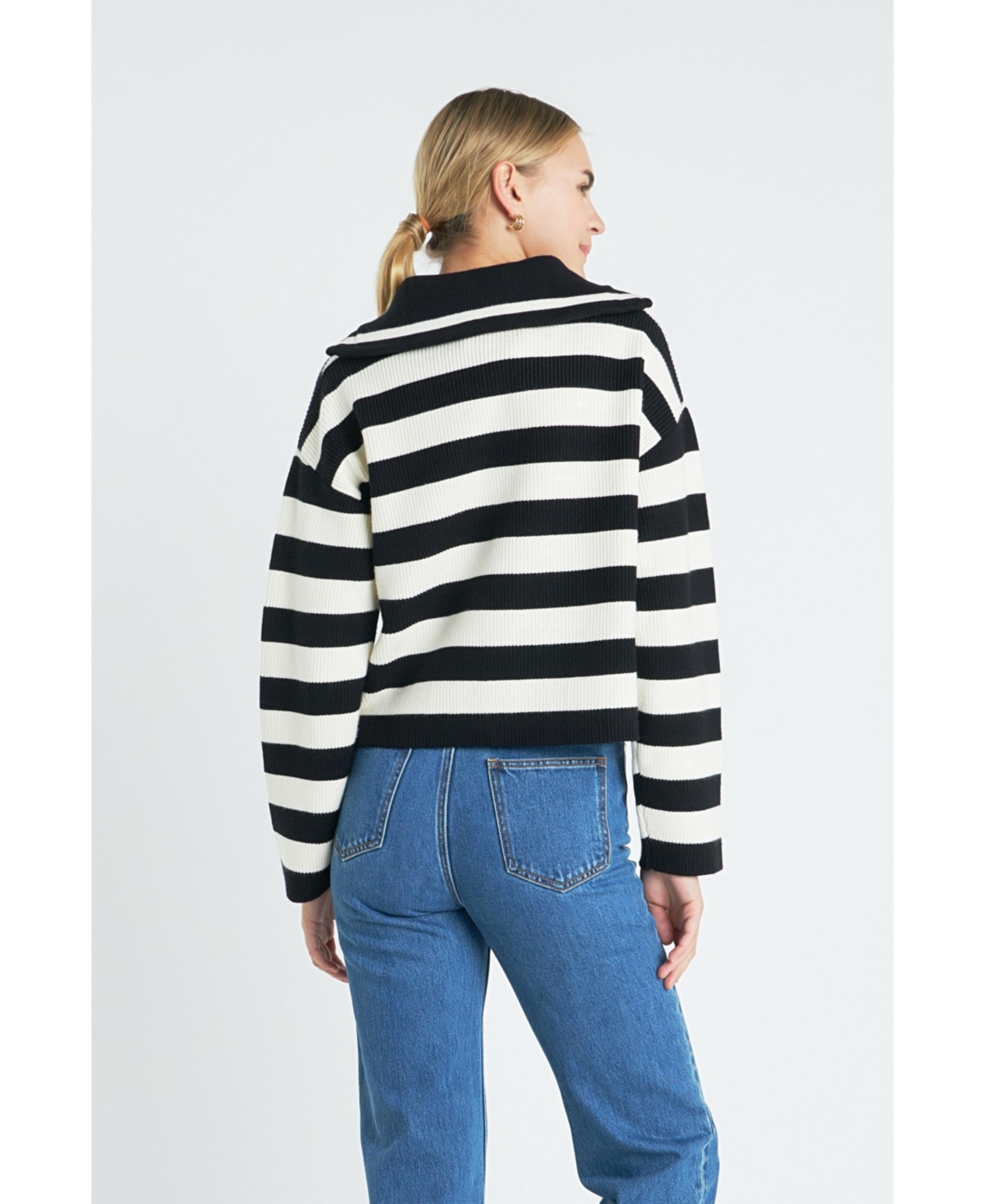 English Factory Women's Striped Half-Zip Sweater -ivory