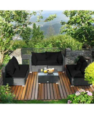 7 Pieces Sectional Wicker Furniture Sofa Set with Tempered Glass Top-Black