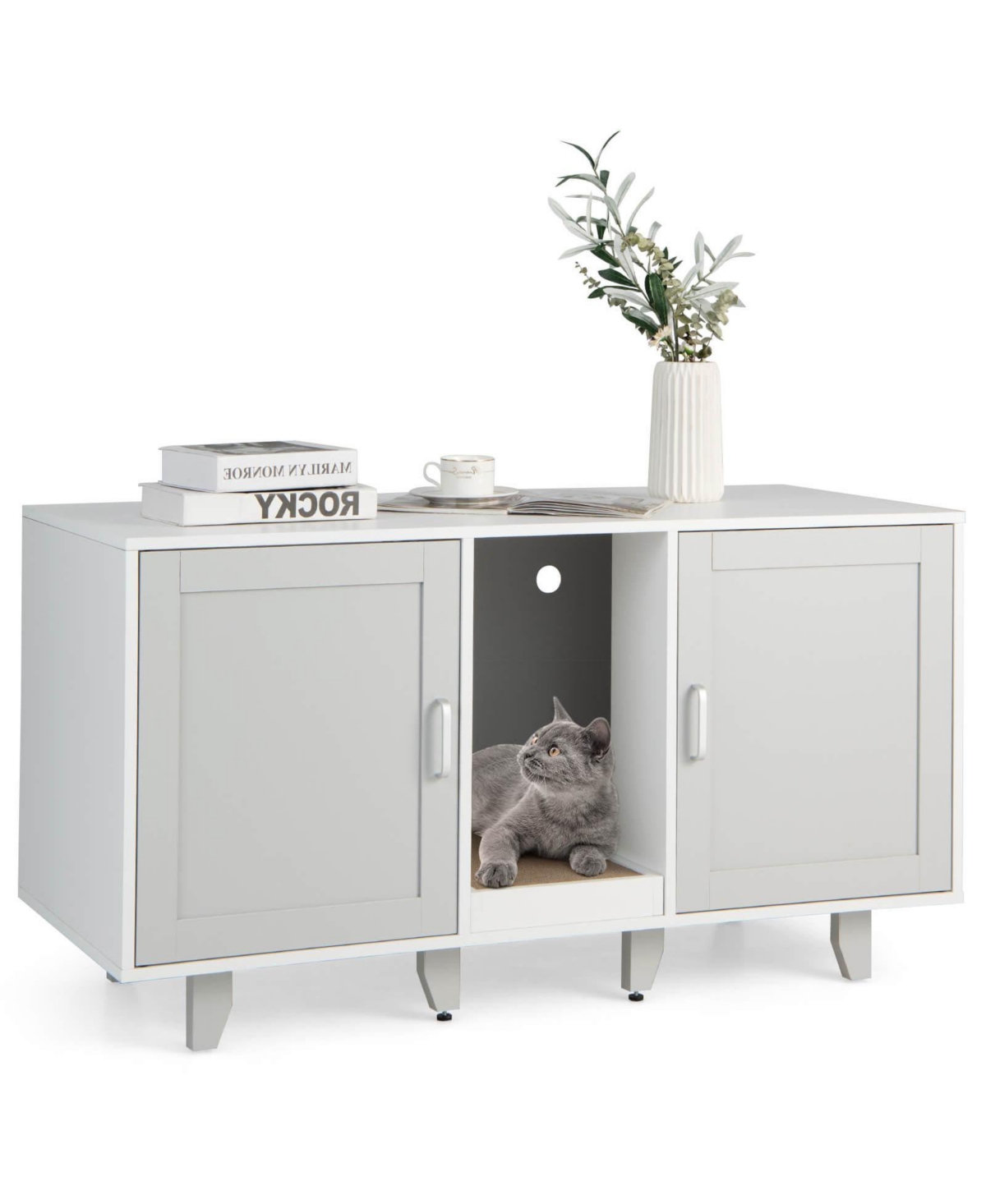 2-Door Cat Litter Box Enclosure with Winding Entry and Scratching Board - White