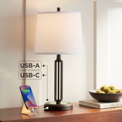 Javier Industrial Table Lamp 24 1/2" High Bronze with USB Charging Port White Drum Shade for Bedroom Living Room Bedside Home Desk
