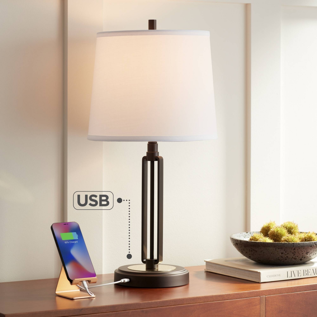 Franklin Iron Works Javier Industrial Table Lamp with Hotel Style Usb Charging Port 24.5" High Iron Bronze White Drum Shade Decor for Living Room Desk