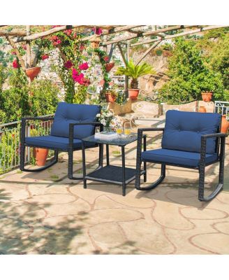 3 Pieces Cushioned Patio Rattan Set with Rocking Chair and Table