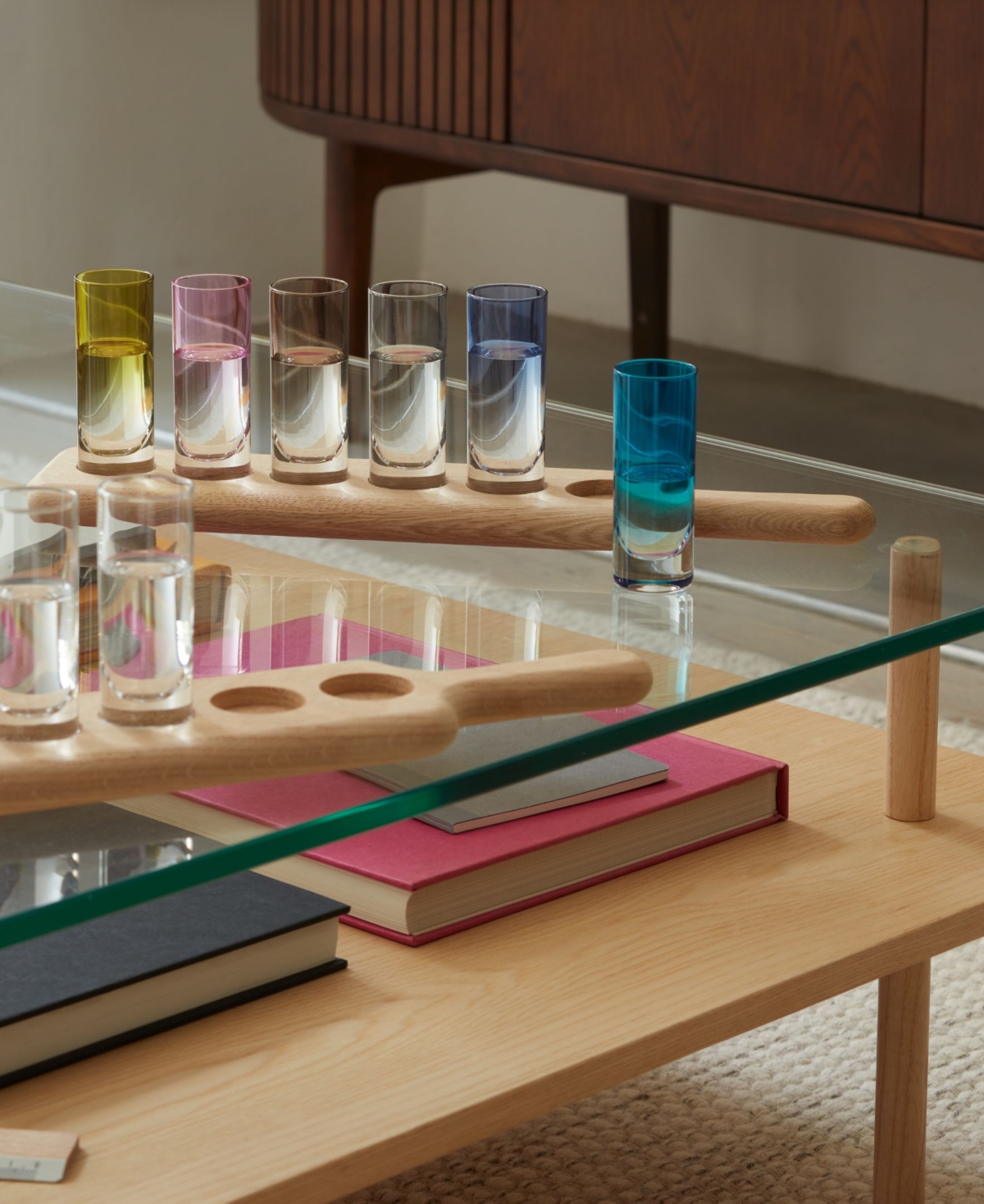 Lsa International Vodka Shot Glass Set With Oak Paddle In Assorted Color Glass And Ash Paddle