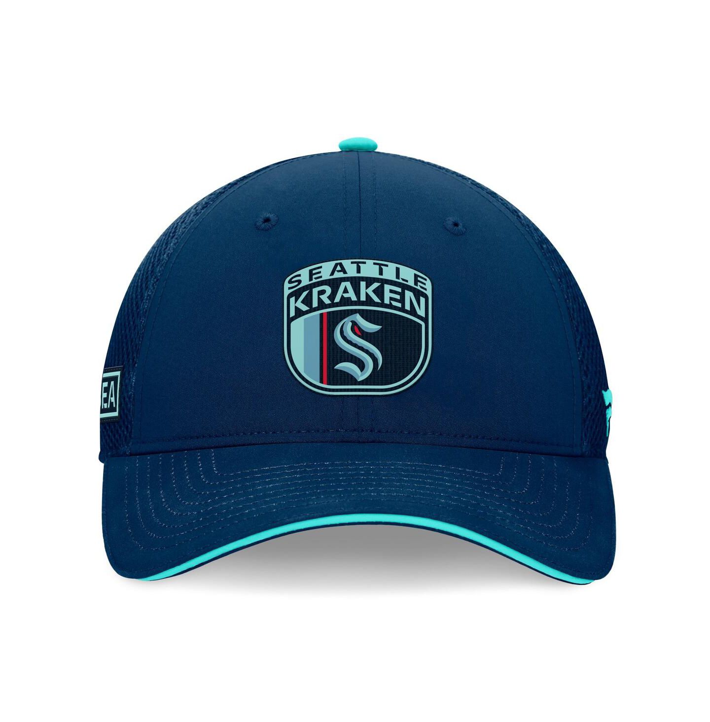Мужская кепка Fanatics Deep Sea Blue Seattle Kraken 2024 NHL Draft on Stage Trucker Adjustable Hat — фото 2