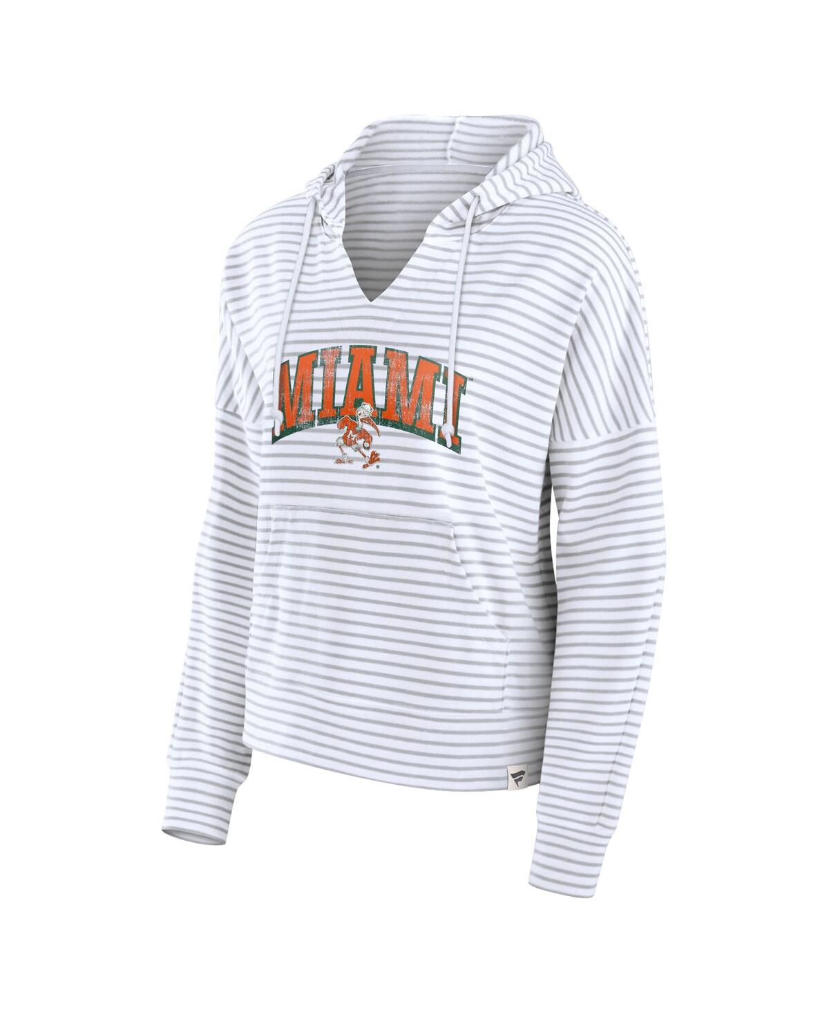Fanatics Women'sGray Miami Hurricanes Arch Logo Striped Notch Neck Pullover Hoodie - White, Gray
