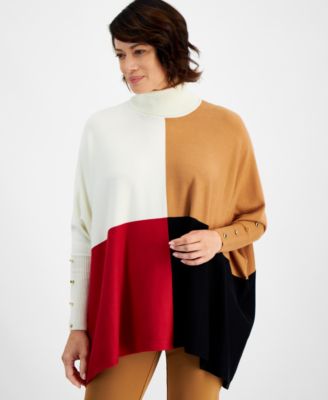 JM Collection - Women's Colorblocked Square Poncho Sweater