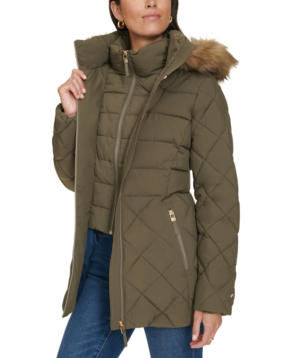 Tommy Hilfiger Women's Bibbed Faux-Fur-Trim Hooded Puffer Coat, Created for Macy's