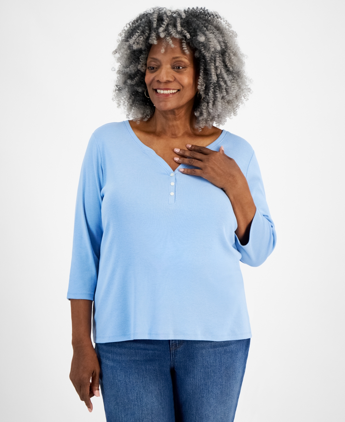 Style & Co Plus Size 3/4-Sleeve Cotton Henley Top, Created for Macy's