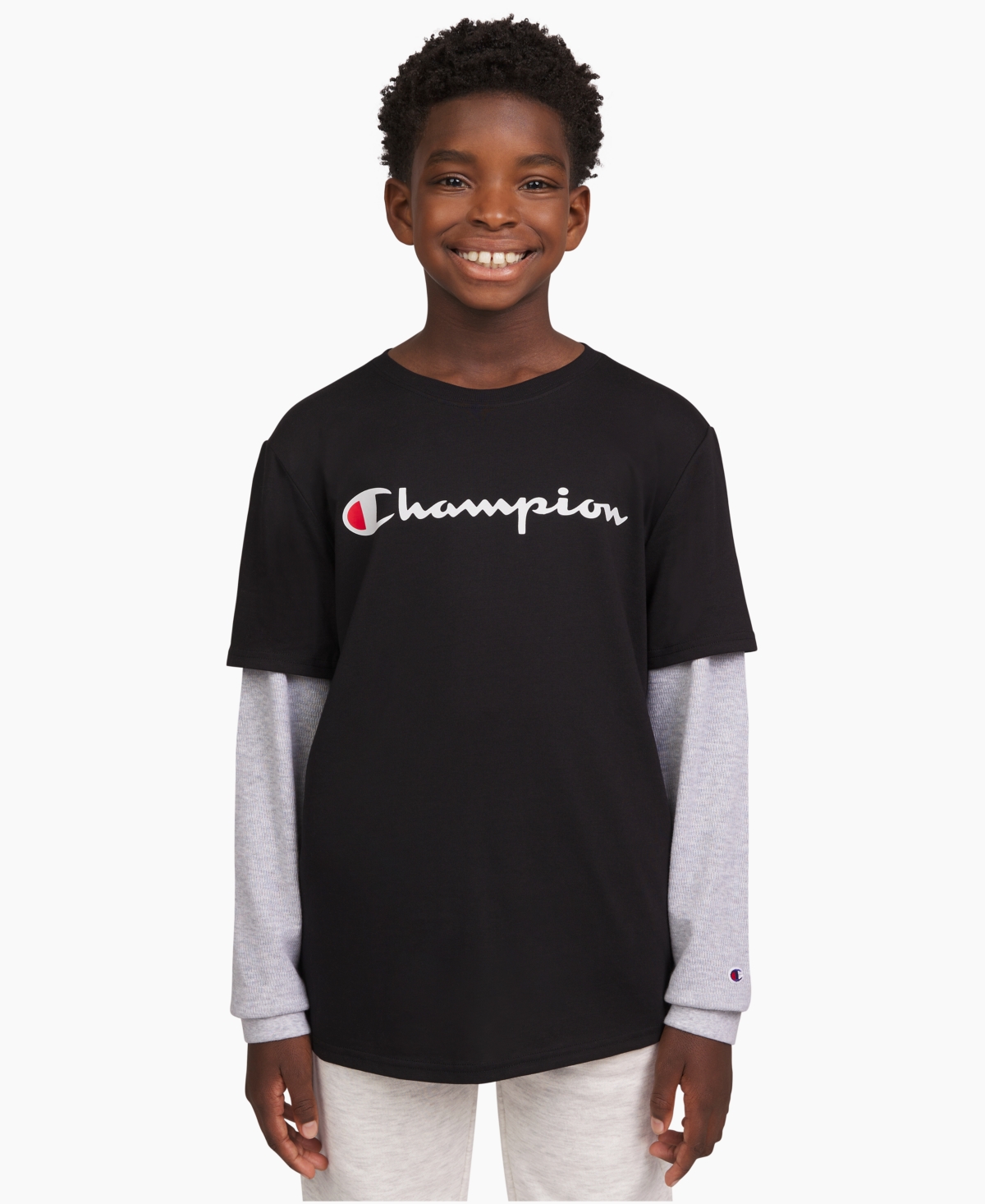 Champion Big Boys Layered-Look Thermal-Sleeve Logo T-Shirt