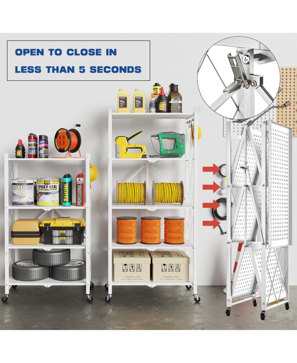 Sugift 5-Tier Folding Storage Shelves Metal Folding Shelves with Wheels, 750Lbs Capacity,- White