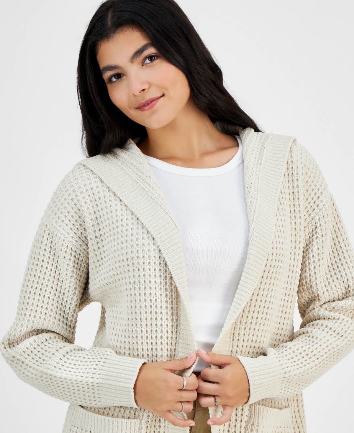 Hooked Up by Iot Juniors' Chenille Open Front Cardigan