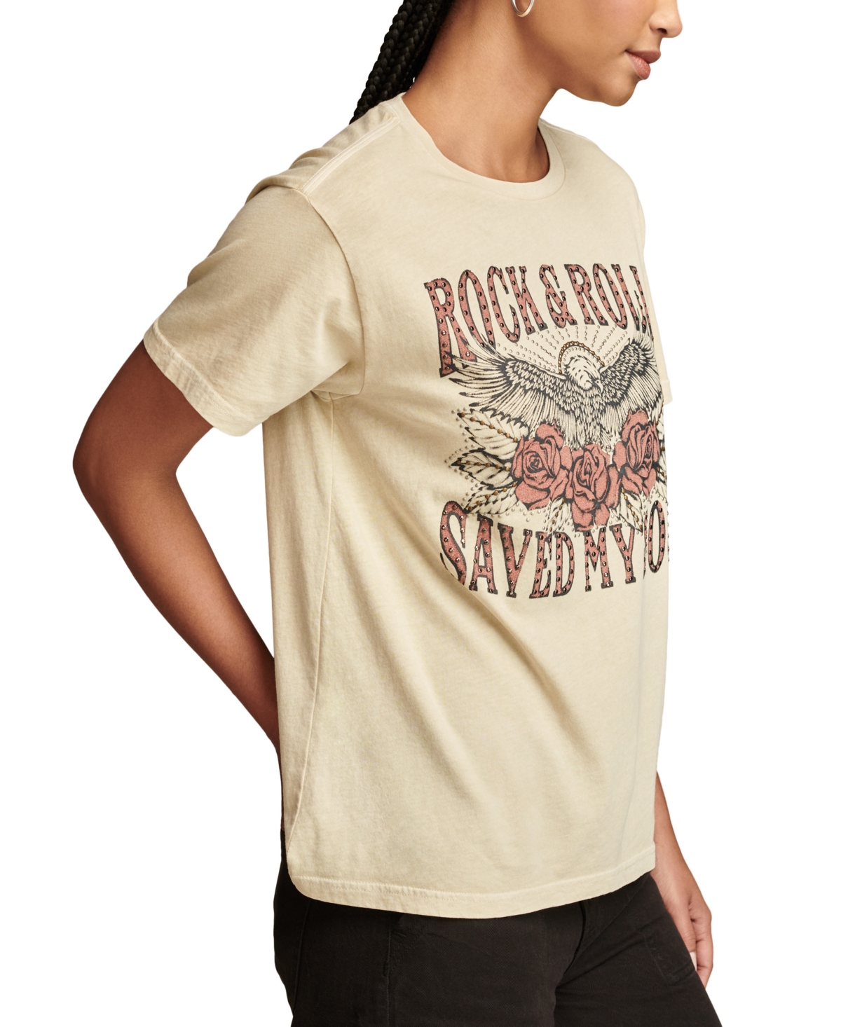 Lucky Brand Women's Embellished Rock N Roll Saved My Soul Graphic Print Cotton T-Shirt