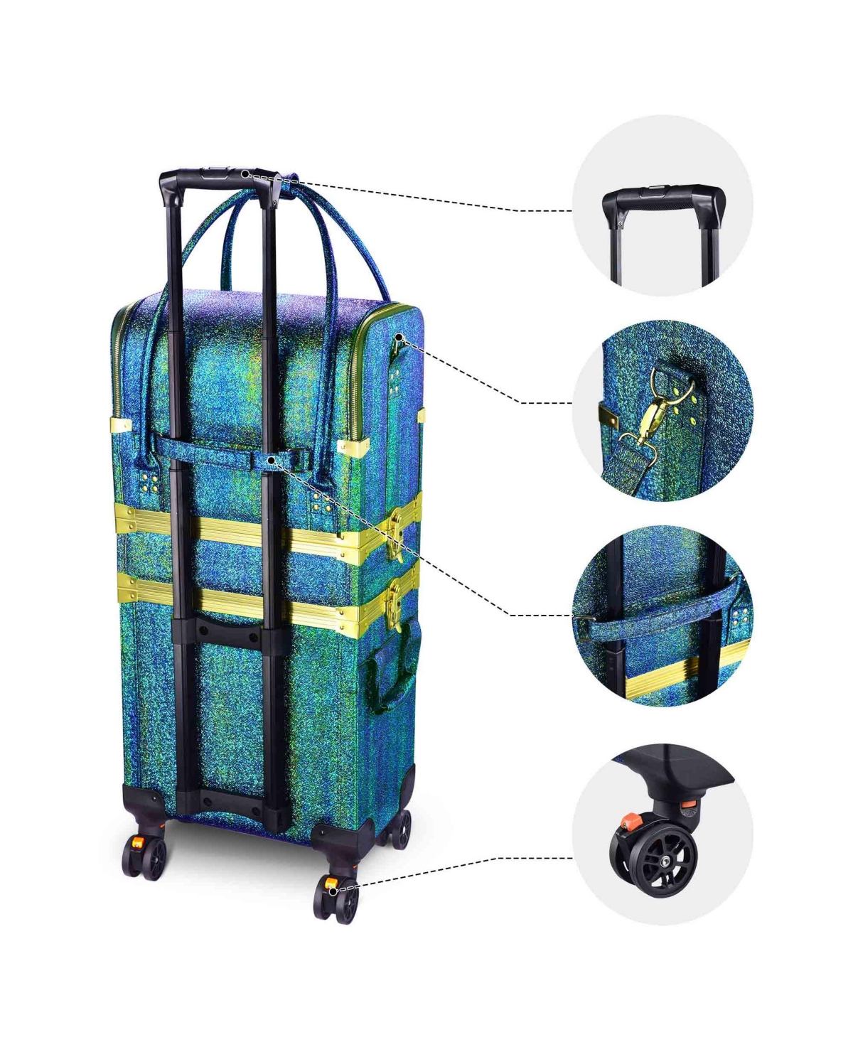 Byootique Malachite Green Makeup Train Case Lockable Rolling Cosmetic Trolley