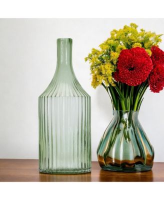Sage Ribbed Glass Bottle Neck Vase Stylish and Textured Home Decor Accent
