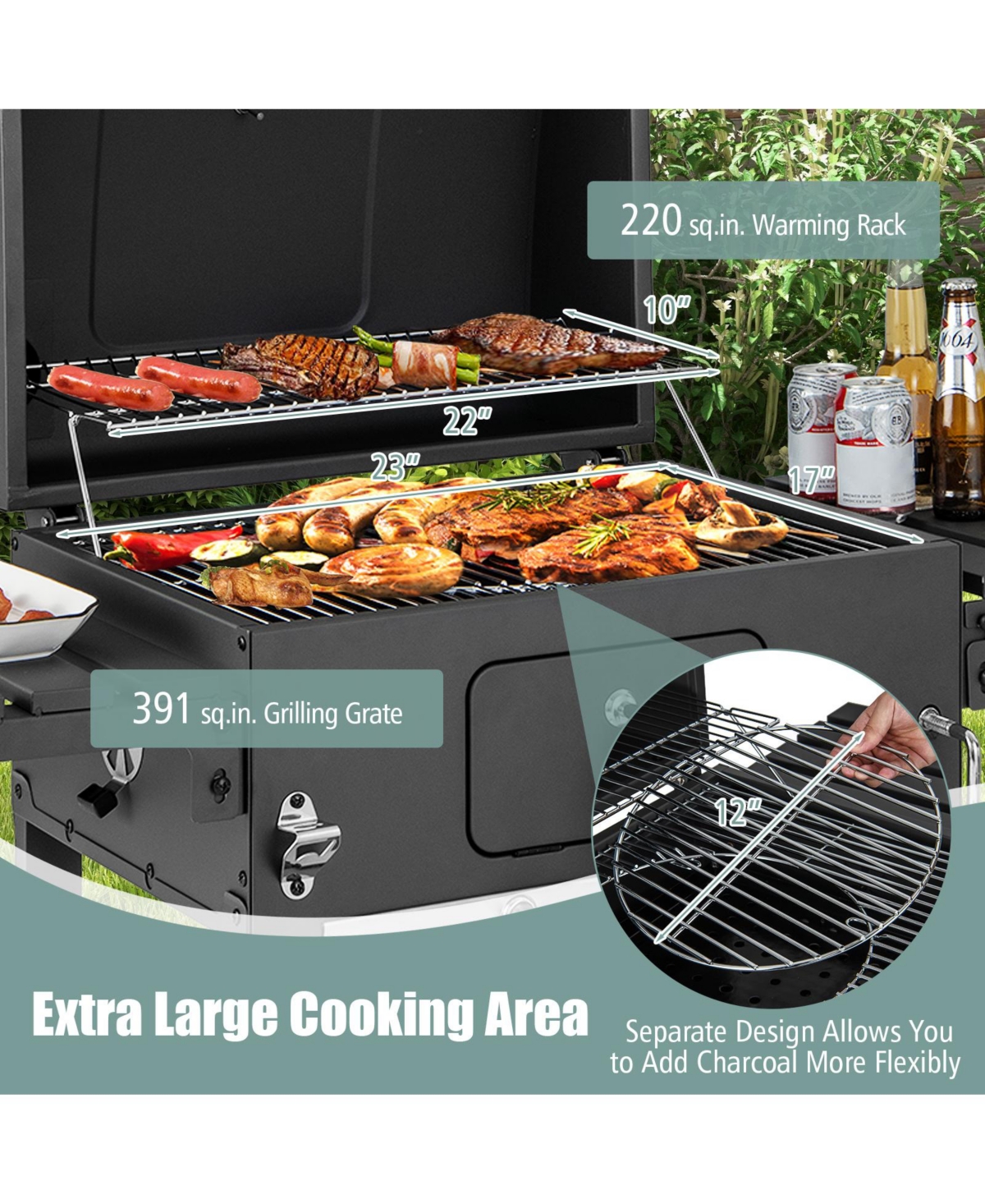 Slickblue Outdoor Bbq Charcoal Grill with 2 Foldable Side Table and Wheels