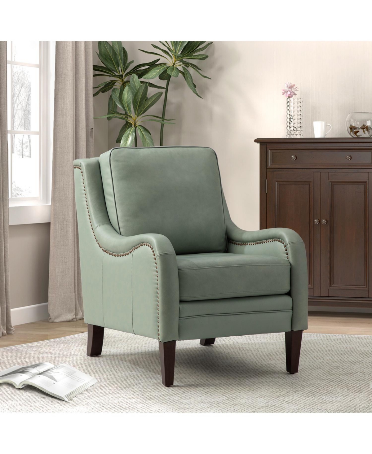 Hulala Home Traditional Pascual 27.56" Wide Genuine Leather Arm Chair with Rubber Wood Legs