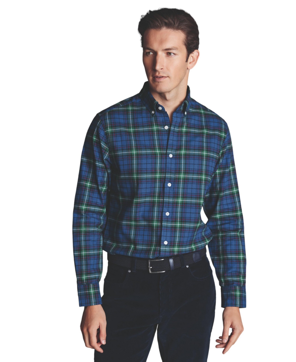 Men's Slim Fit Button-Down Collar Brushed Flannel Check Shirt - Green