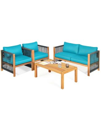 4 Pieces Acacia Wood Sofa Set with Cushions for Outdoor Patio-Blue