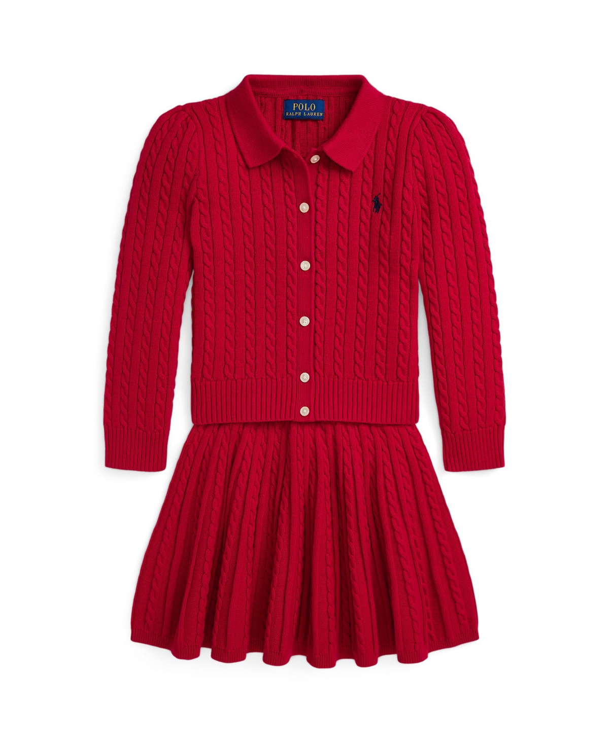Polo Ralph Lauren Toddler and Little Girls Cotton Polo Cardigan Skirt Set - Rl2000 Red W/ Navy