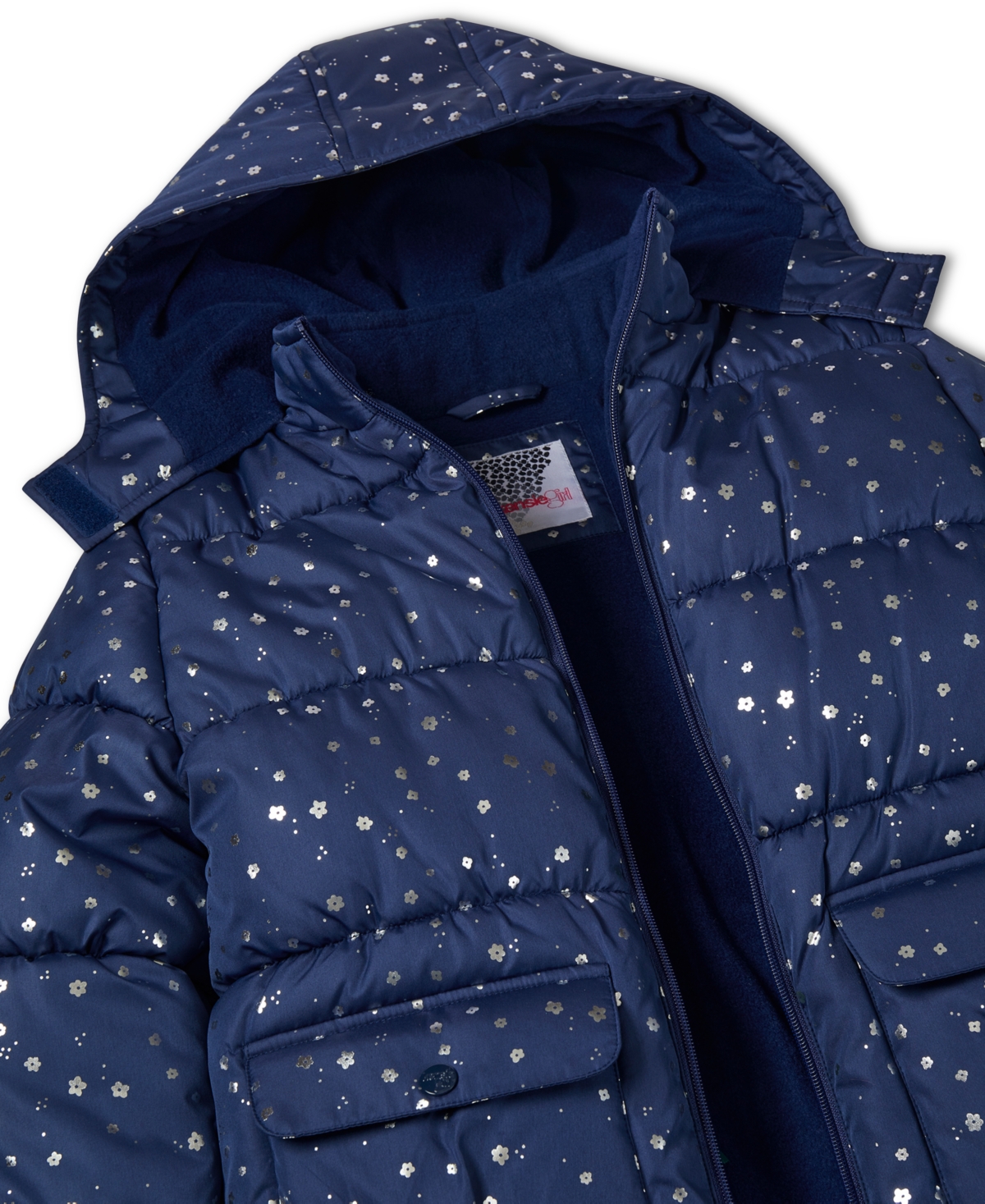 Kensie Girl Big Girls Metallic Star-Print Fleece-Lined Hooded Puffer Jacket with Ribbed-Knit Pom-Pom Beanie