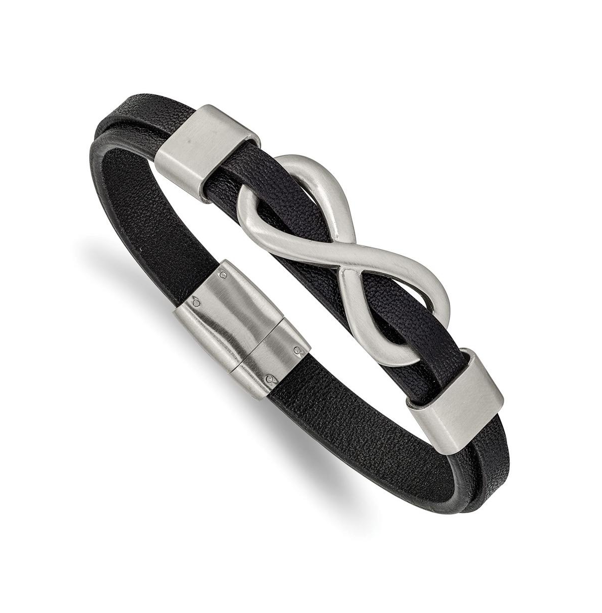 Stainless Steel Brushed Infinity Symbol Black Leather Bracelet - Black