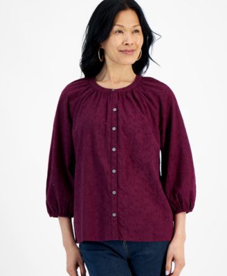 Style & Co - Women's Cotton Embroidered Button Peasant Top