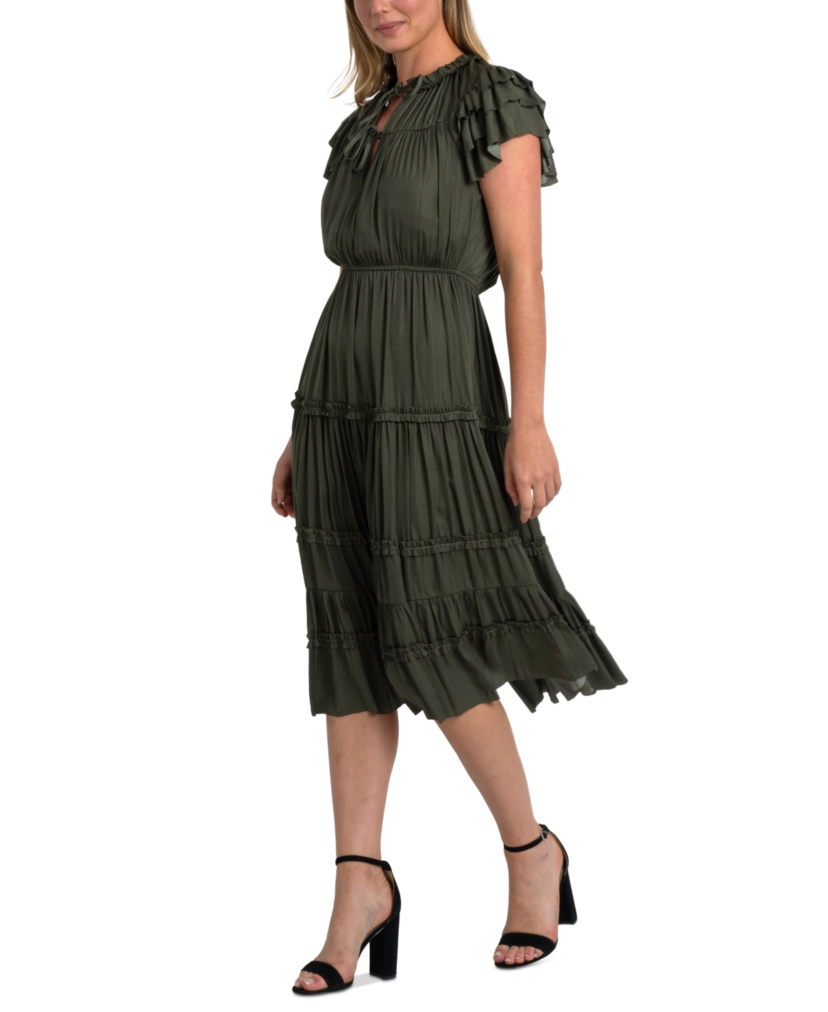 SAM EDELMAN WOMEN'S RUFFLE FLUTTER-SLEEVE MIDI DRESS 