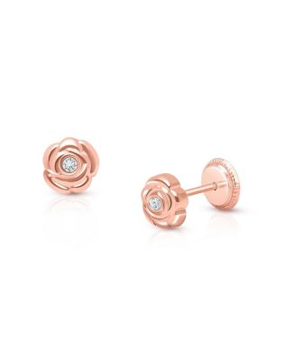 Children's 14K Gold Blushing Rose Studs Girls' Screw Back Earrings